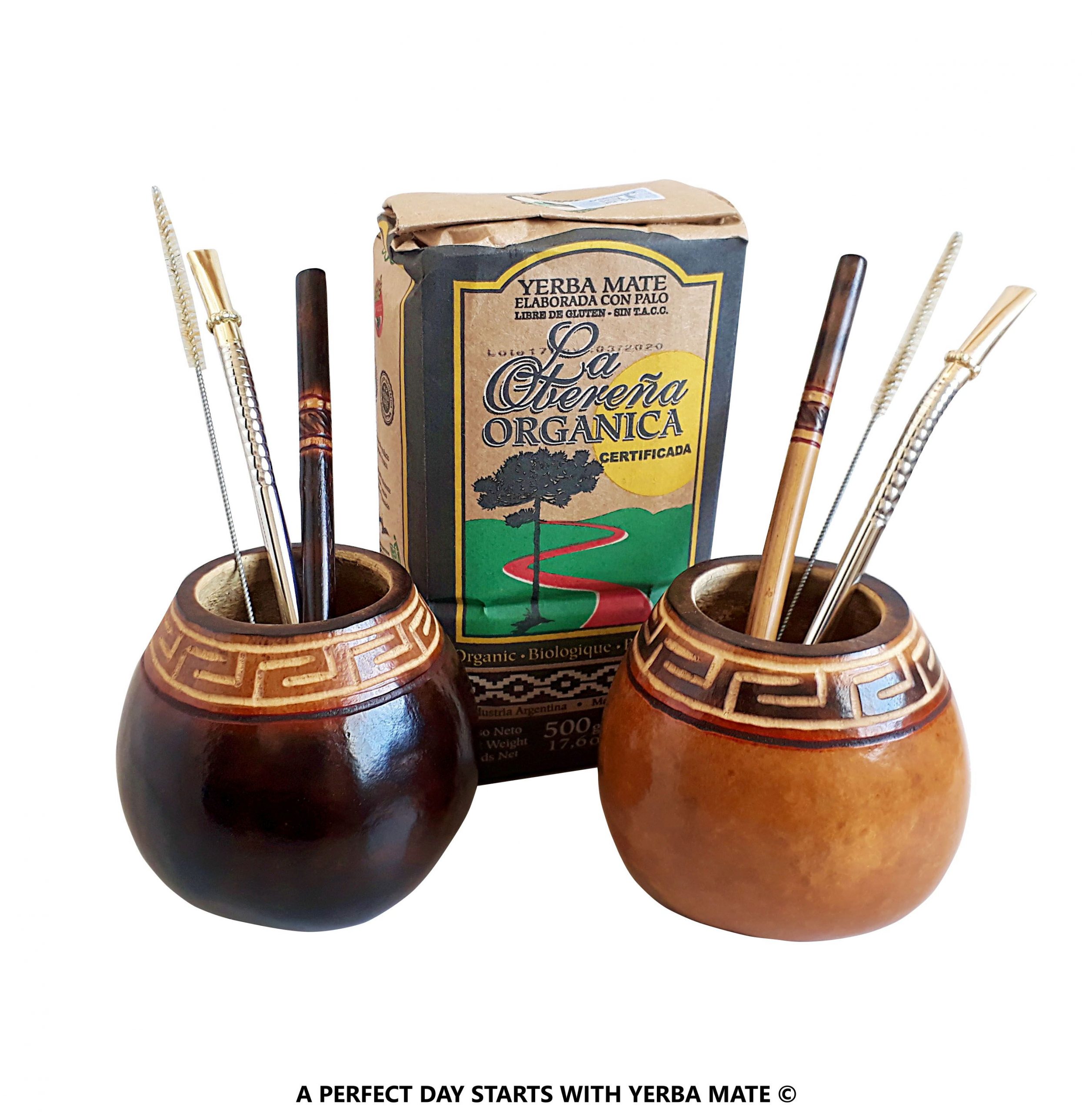 2 Mate Gourds Handmade, 4 Bombillas + Organic Yerba Mate 1.10lbs
