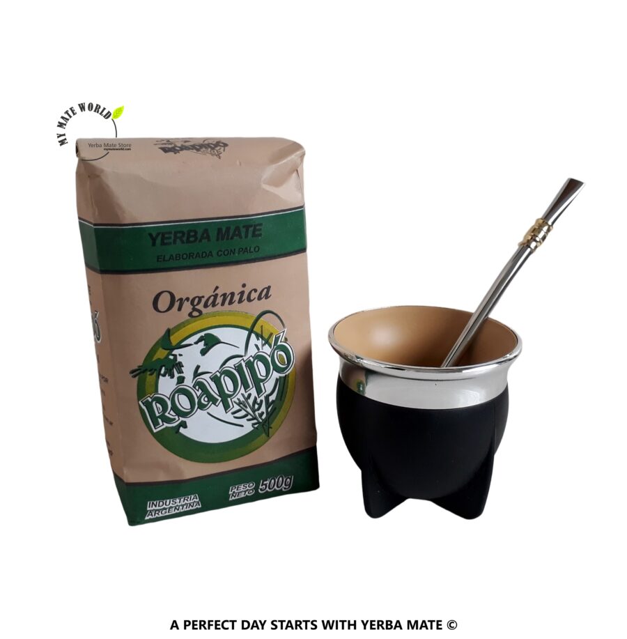 Mate cup with stainless steel bombilla and Yerba Mate Bag