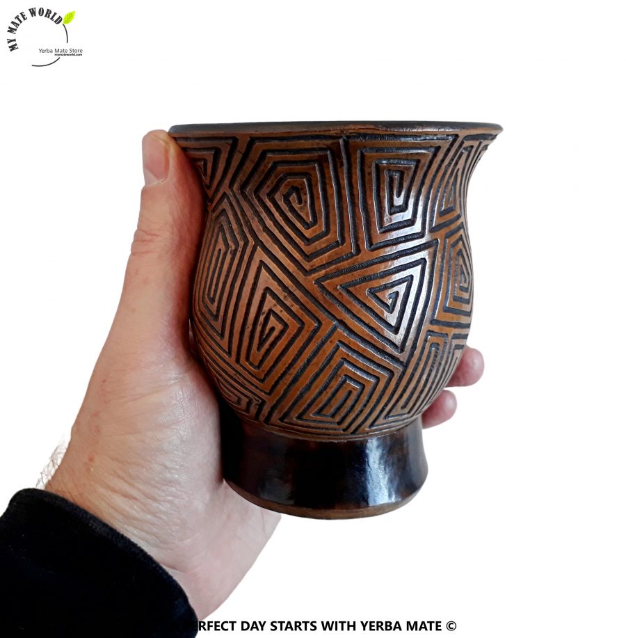 Handcarved Yerba Mate Gourd. Abstract geometric pattern.