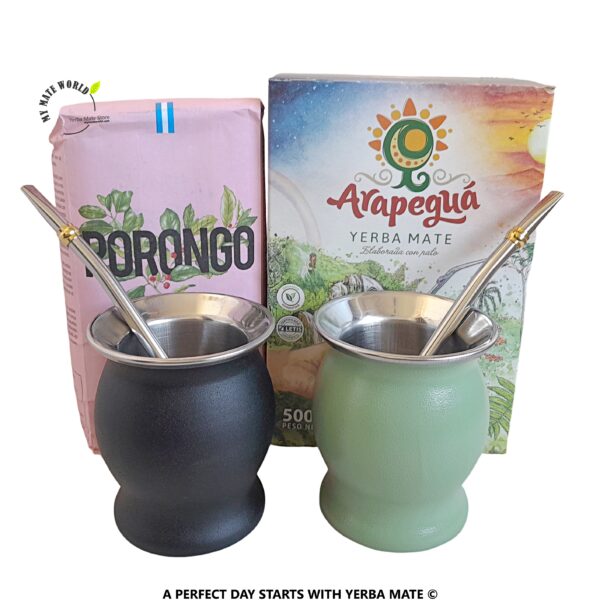 Two Stainless Steel Yerba Mate Cups with 2 Bombillas. Includes 2 Organic Yerba Mate Bags 1.10" each